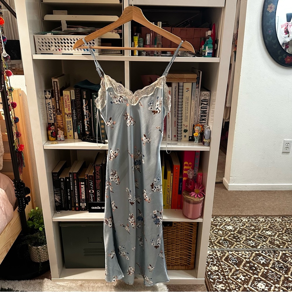 pale baby blue floral and lace midi dress